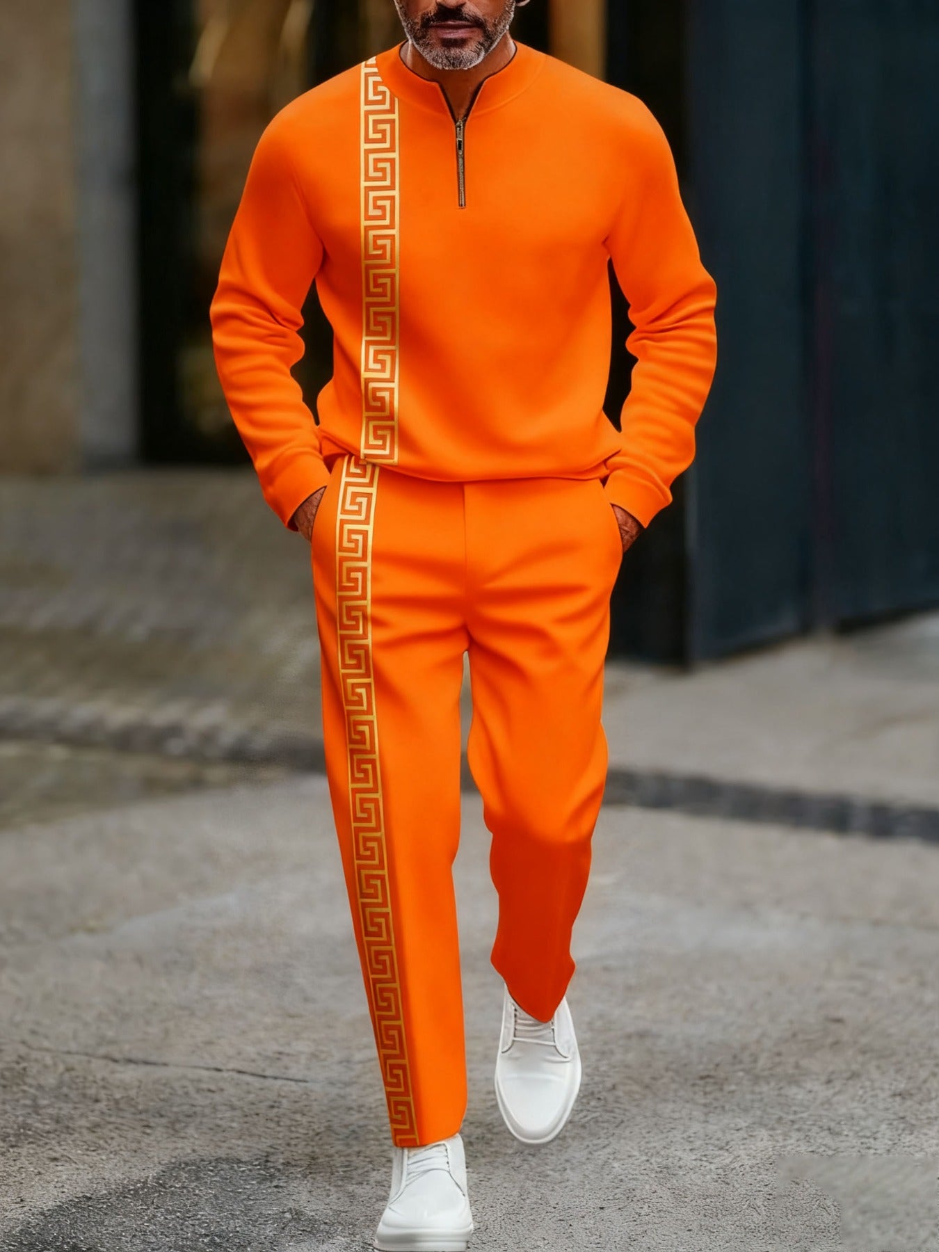 Men's Casual Orange & Gold Color Matching Geometric Printed Round-Neck Zipper Long Sleeved Sweatshirt & Trousers Two-Piece Set
