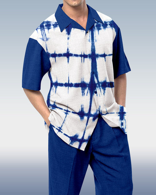 Rianmond Men's Geometric Print Short Sleeve Shirt Walking Set 494