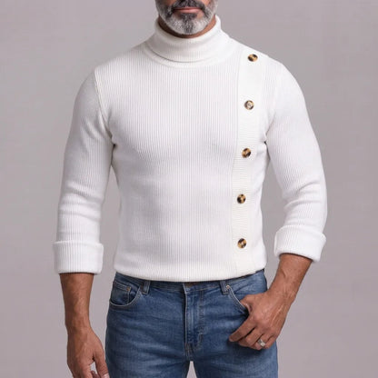Men's White Ribbed Knitted Turtleneck Asymmetric Button Slim-Fit Long Sleeve T-Shirt