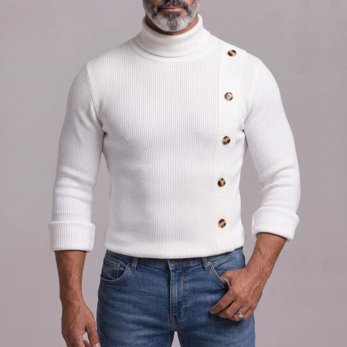 Men's White Ribbed Knitted Turtleneck Asymmetric Button Slim-Fit Long Sleeve T-Shirt