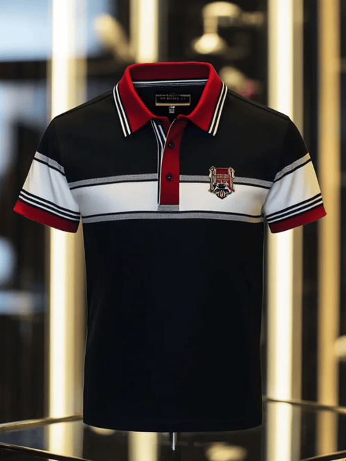 Men's Business Stripe Lettering Button-Down Polo Shirt