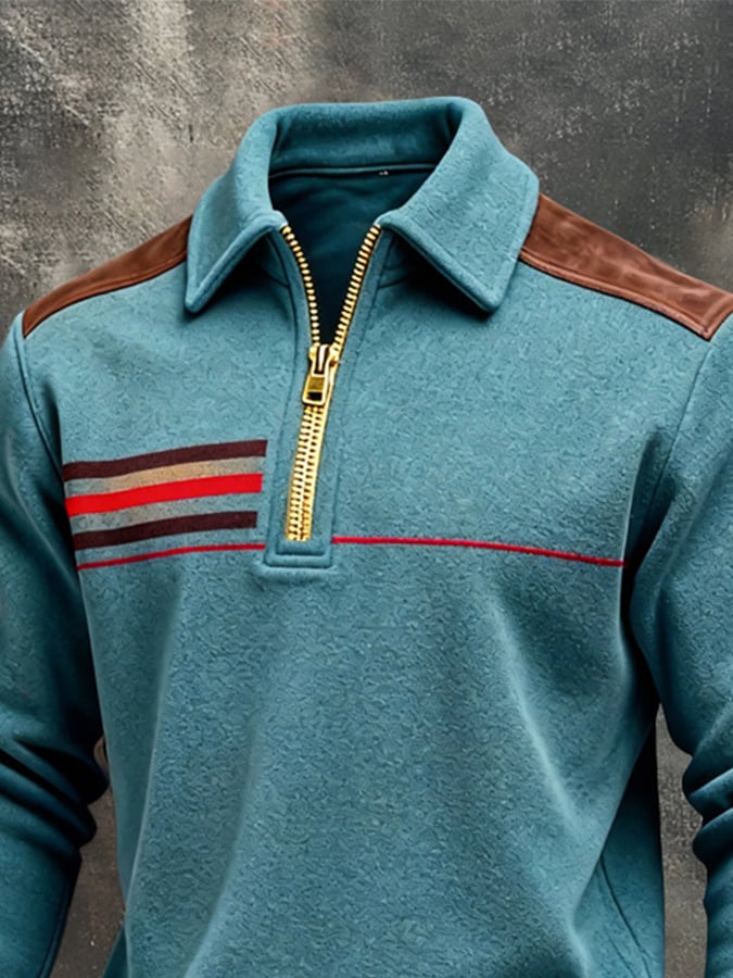 Men's Retro Color Block Print Color-Blocked Zip-Up Sweatshirt