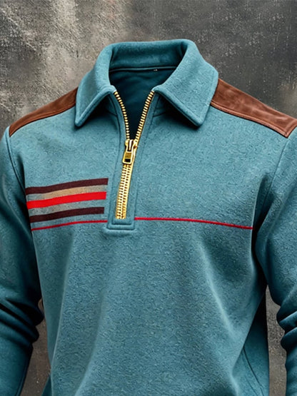 Men's Retro Color Block Print Color-Blocked Zip-Up Sweatshirt