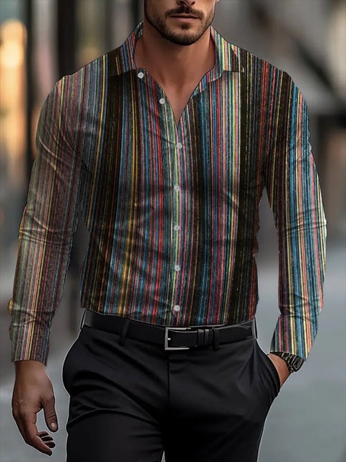 Men's Classic Business Plaid Stripe Print Long Sleeve Shirt