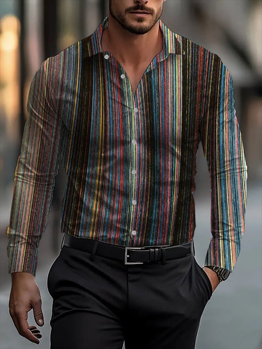 Men's Classic Business Plaid Stripe Print Long Sleeve Shirt