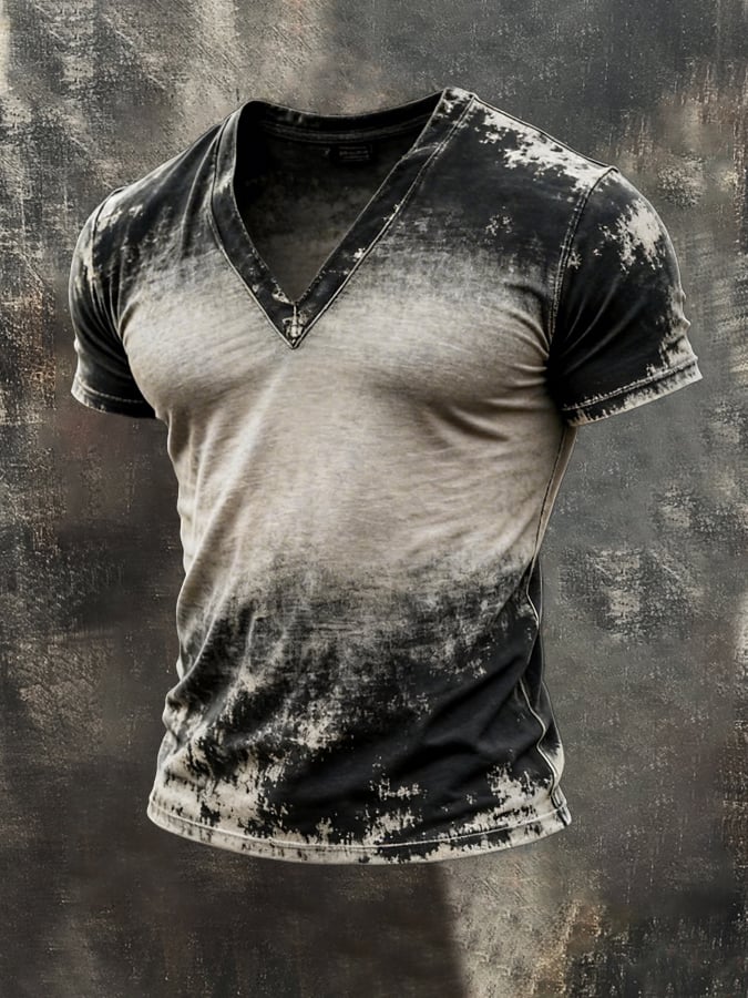 Men's Retro Distressed Color Block V-Neck Short-Sleeve Top
