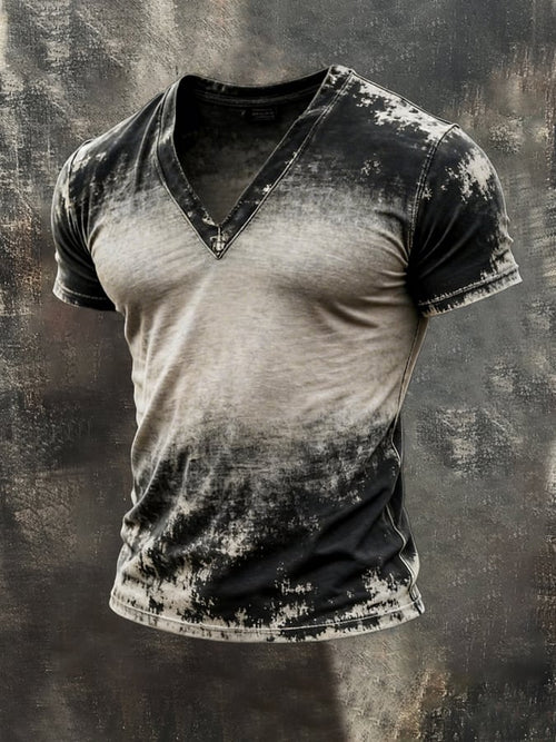 Men's Retro Distressed Color Block V-Neck Short-Sleeve Top