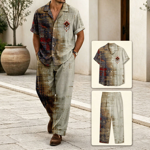 Men's Black & Gray Casual Color-Blocked Geometric Print Short-Sleeved Shirt And Trousers Two-Piece Set