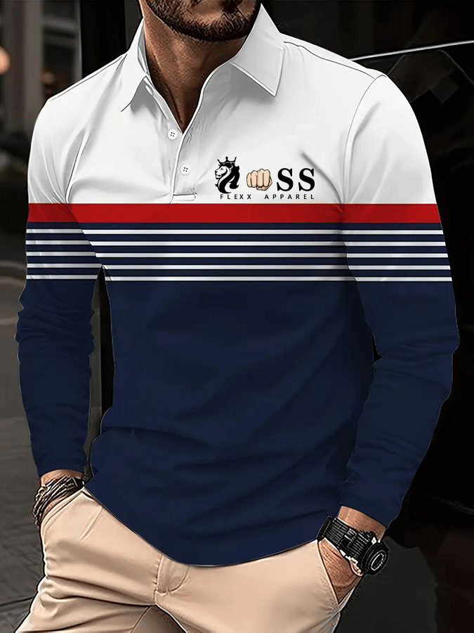 Men's Retro Letter Design Business Long Sleeve Polo Shirt