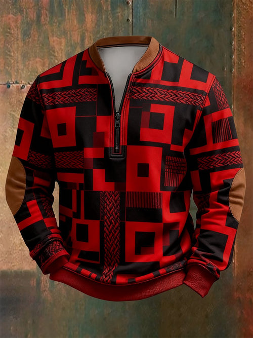Men's Retro Bauhaus Geometric Style Print Quarter Zip Sweatshirt