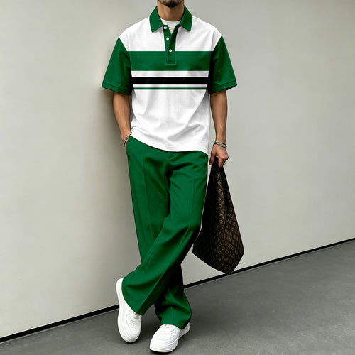Men's Color-Blocked Short-Sleeve Polo Shirt and Pants Set