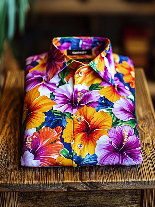 Men's Satin Luxe Hawaiian Print Short Sleeve Button Shirt