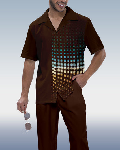 Rianmond Men's Striped Print Short Sleeve Walking Suit 566