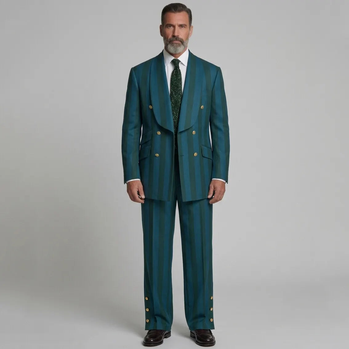Men's Teal Contrast Striped Print Double-Breasted Shawl Lapel Party Blazer