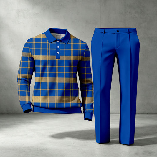 Men's Checkered Long-Sleeve Polo Shirt and Pants Two-Piece Set