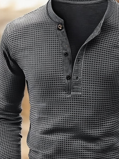 Men's Vintage Waffle Color Patch Henley Neck T-Shirt