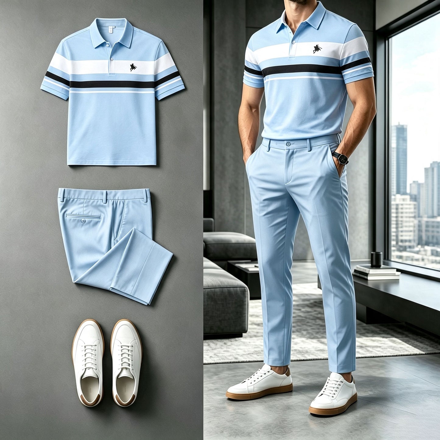 Men's Striped Short-Sleeve Polo Shirt and Pants Set