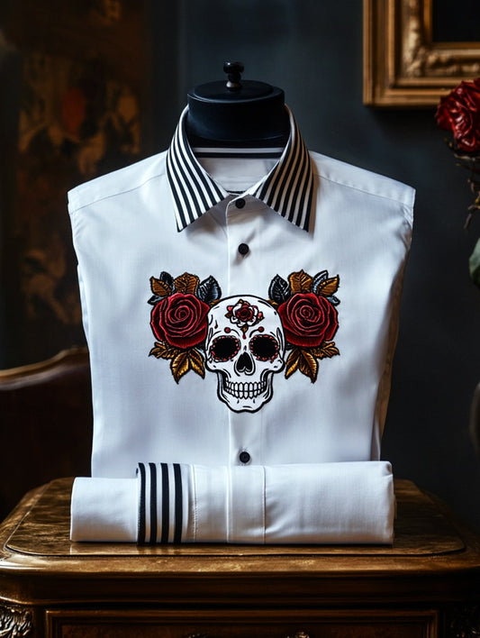 Men's Satin Skull Rose Casual Long Sleeve Button-Down Shirt