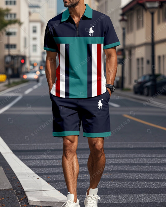 Men's Color Blocked Summer Polo Shorts Set 011