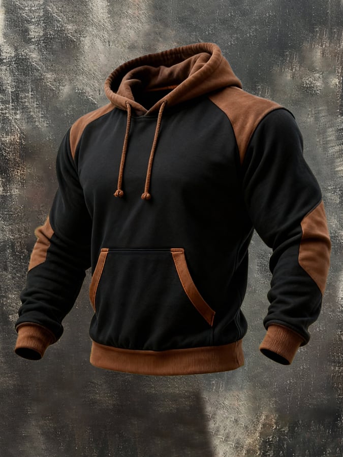 Men's Retro Stitching Contrast Color Hooded Casual Sweatshirt Suit