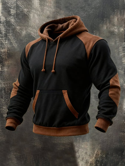 Men's Retro Stitching Contrast Color Hooded Casual Sweatshirt Suit