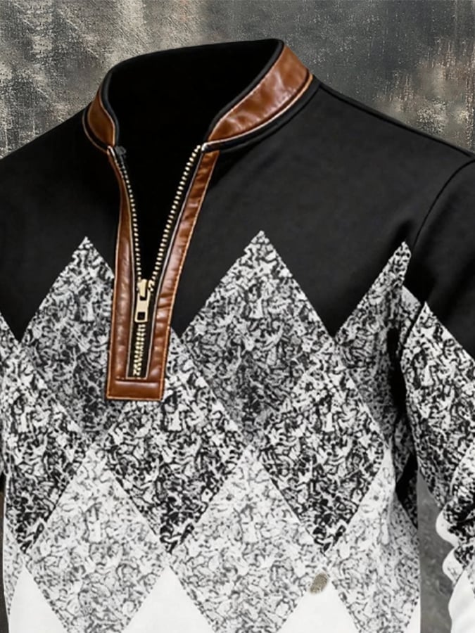 Men's Retro Color Block Print Color-Blocked Zip-Up Sweatshirt