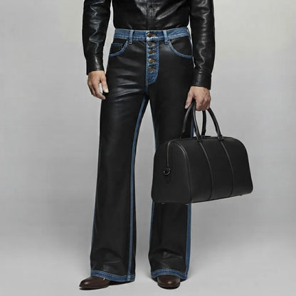 Men's Black PU Leather Denim Splicing Multi-Button Straight Leg Pants