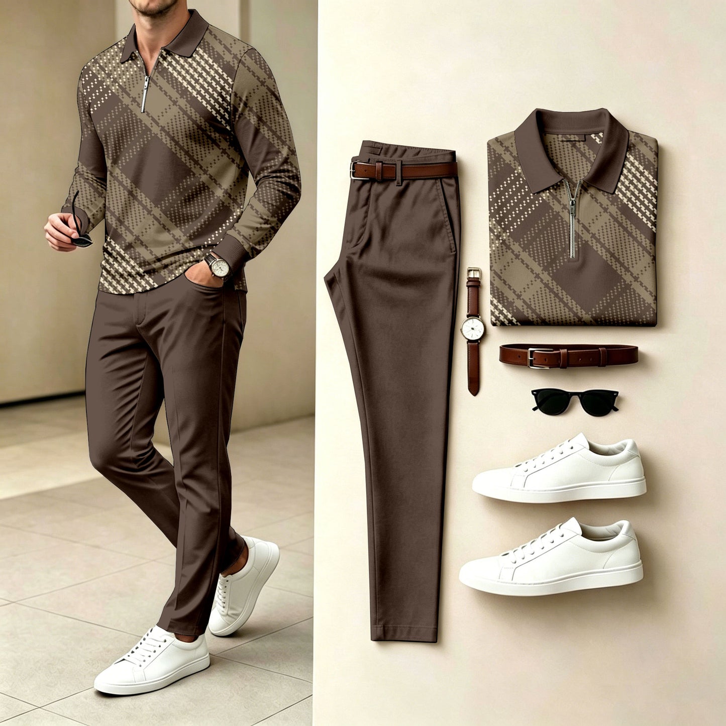 Men's Checkered Polo-Collar Zipper Long-Sleeve Shirt and Pants Two-Piece Set
