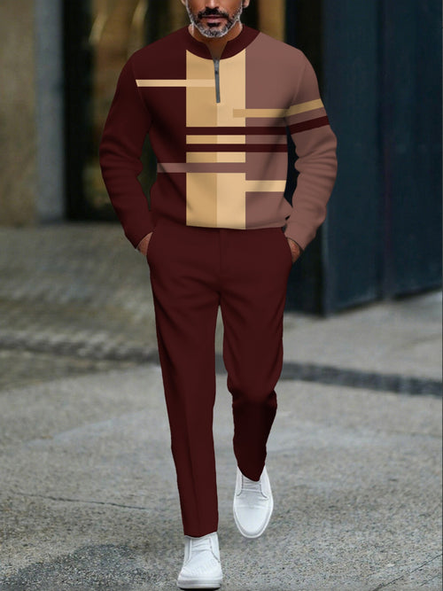 Men's Casual Maroon Multi Color Matching Geometric Printed Round-Neck Zipper Long Sleeved Tops & Trousers Two-Piece Set
