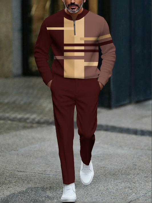 Men's Casual Maroon Multi Color Matching Geometric Printed Round-Neck Zipper Long Sleeved Tops & Trousers Two-Piece Set
