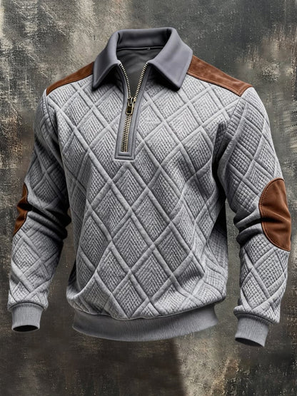 Men'S Vintage-Style Textured Patchwork Color-Block Long-Sleeved Sweatshirt