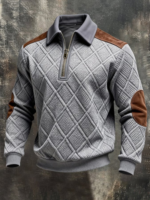 Men'S Vintage-Style Textured Patchwork Color-Block Long-Sleeved Sweatshirt