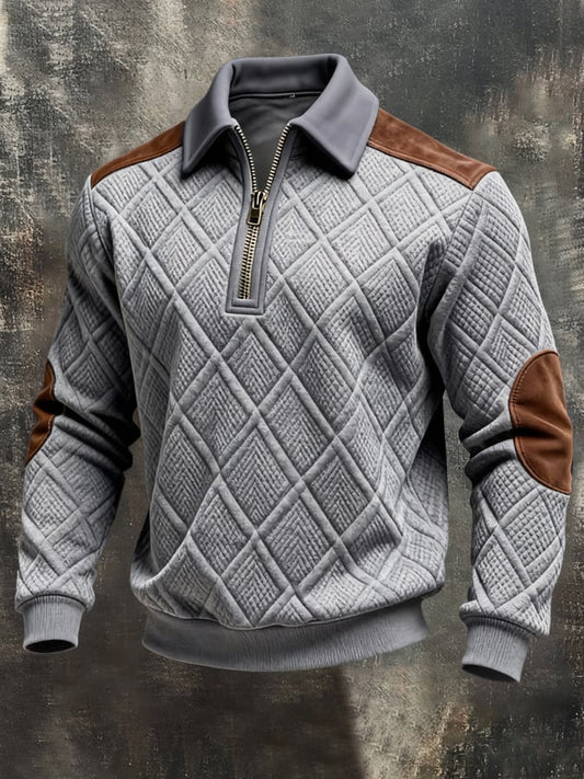 Men'S Vintage-Style Textured Patchwork Color-Block Long-Sleeved Sweatshirt