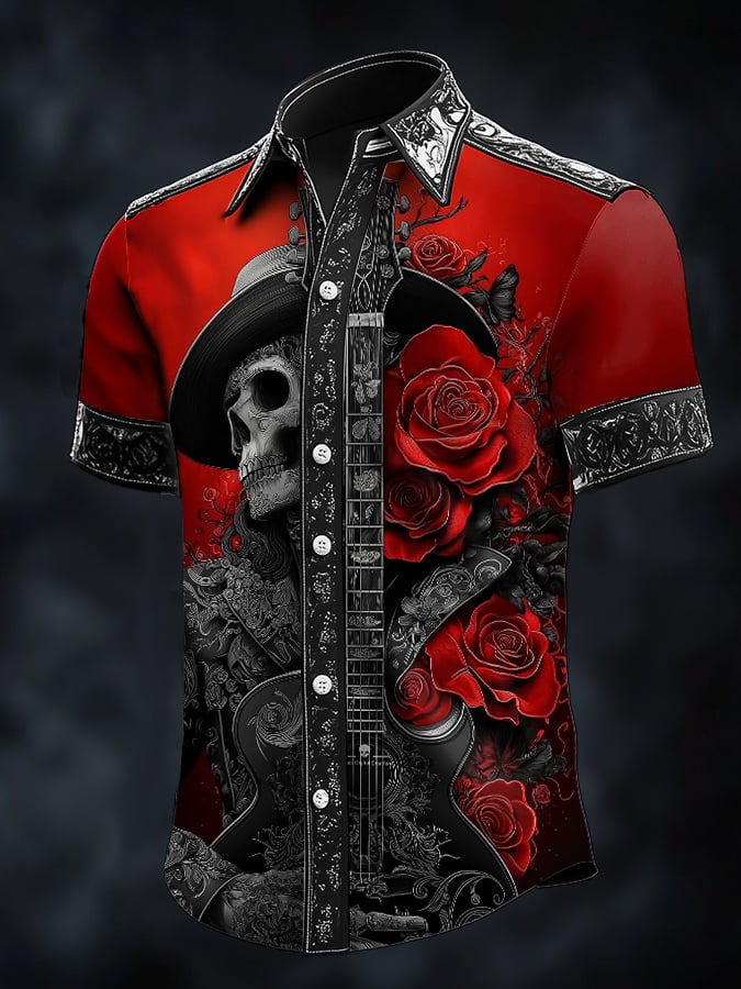 Men's Casual Dark Skull Art Satin Shirt