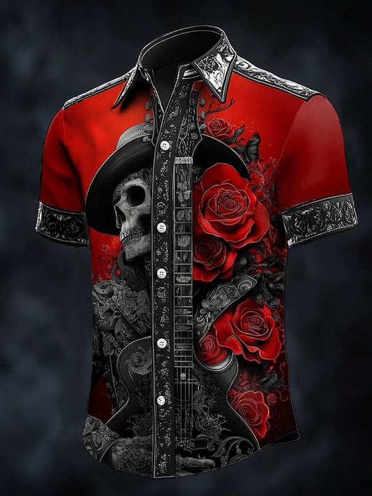 Men's Casual Dark Skull Art Satin Shirt