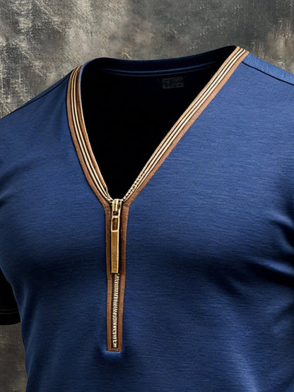 Men's Retro Contrast Color Splicing V-Neck Short Sleeve T-Shirt