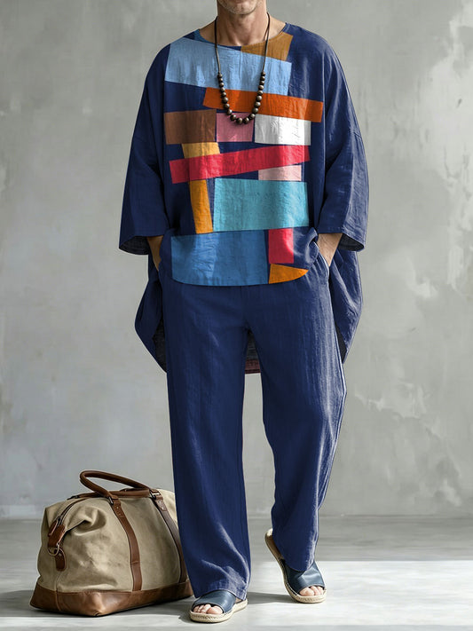 Men's Abstract Color Print Casual Round Neck Short-sleeve Linen Top Shorts Two-piece