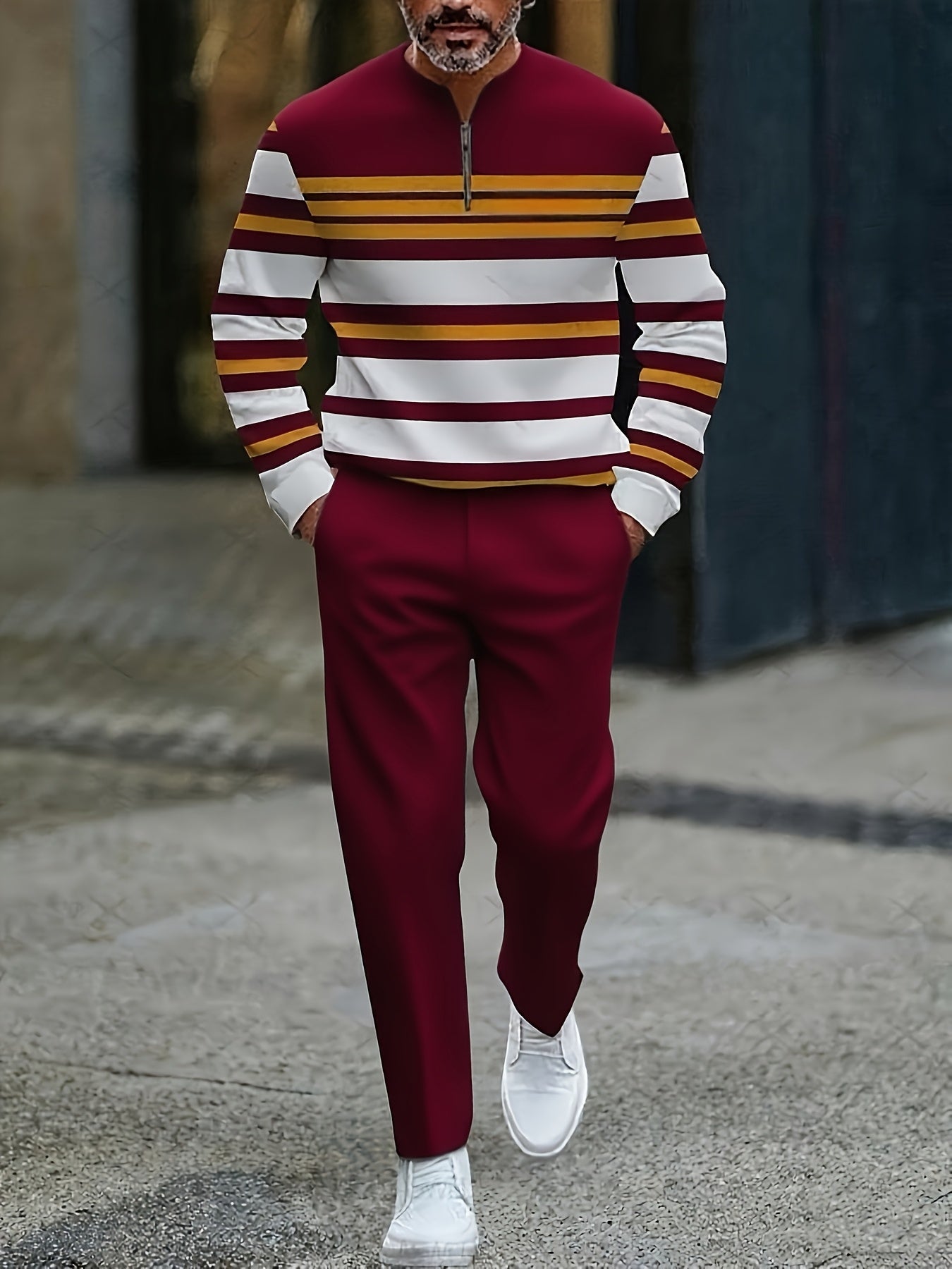 Men's Casual Color Matching Printed Round-Neck Zipper Long Sleeved Trousers Two-Piece Set