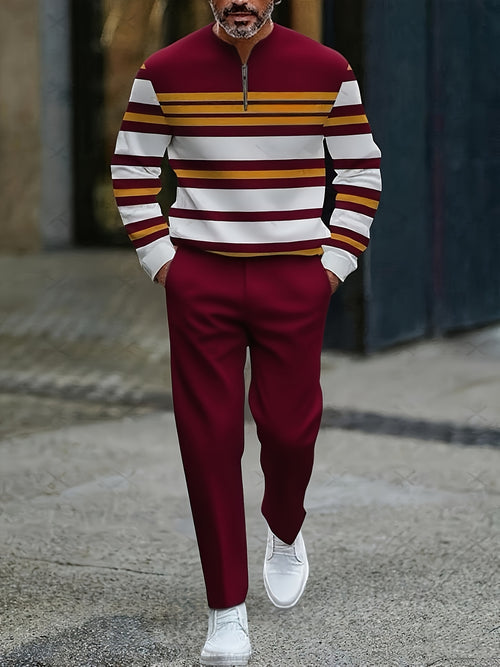 Men's Casual Color Matching Printed Round-Neck Zipper Long Sleeved Trousers Two-Piece Set