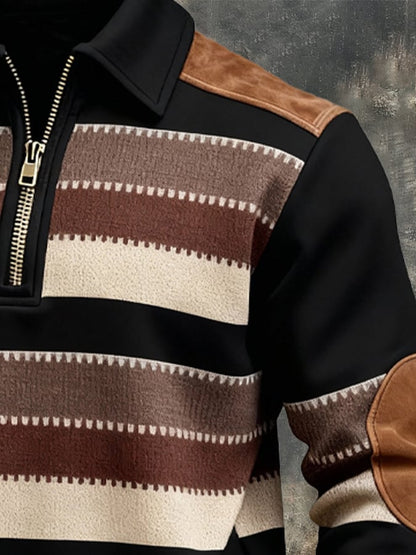 Men's Retro Color Block Print Zipper Sweatshirt