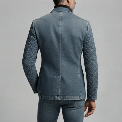 Men's Vintage Denim Peak Lapel Quilted Long Sleeve Two Button Welt Pocket Blazer