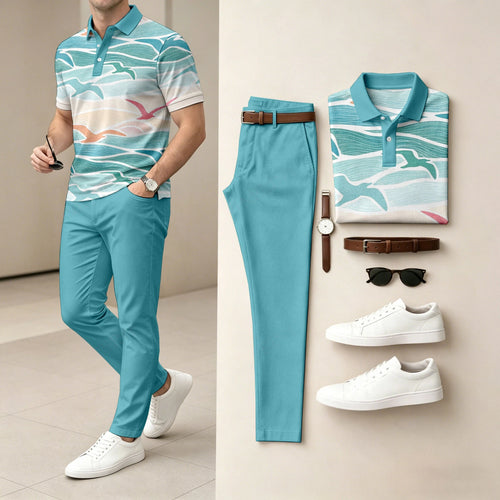Men's Casual Wave And Bird Print Polo Shirt And Pants Two-Piece Set
