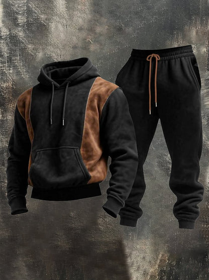 Men's Retro Stitching Contrast Color Hooded Casual Sweatshirt Suit