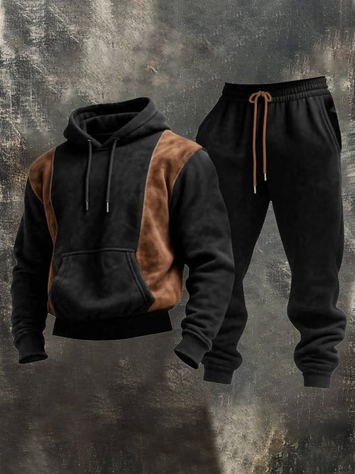 Men's Retro Stitching Contrast Color Hooded Casual Sweatshirt Suit