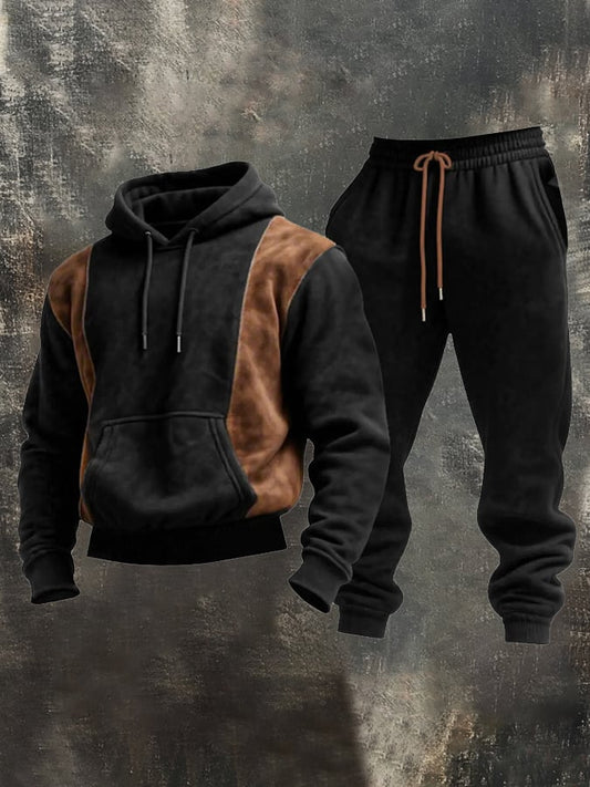 Men's Retro Stitching Contrast Color Hooded Casual Sweatshirt Suit