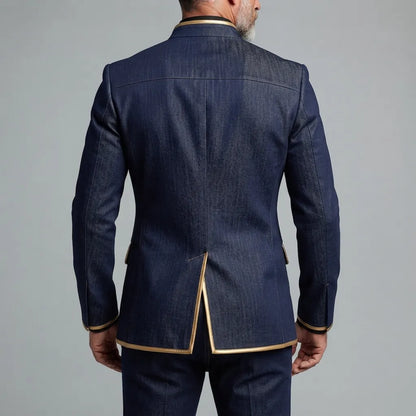 Men's Navy Blue Denim Contrast Piping Stand Collar Double-Breasted Jacket