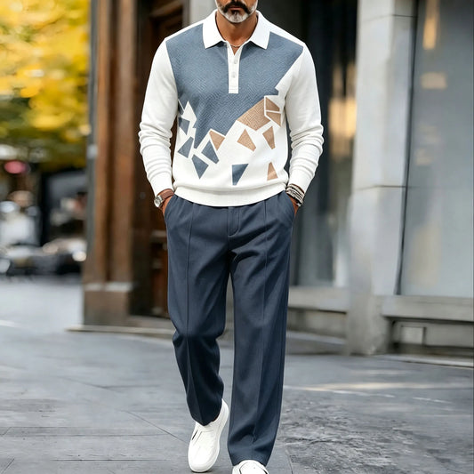 Men's Printed Polo Shirt and Pants Set