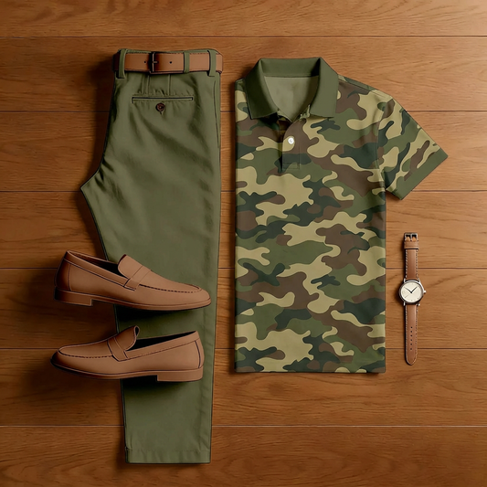 Men's Casual Military Green Camouflage Print Short-Sleeved Polo Shirt And Trousers Two-Piece Set