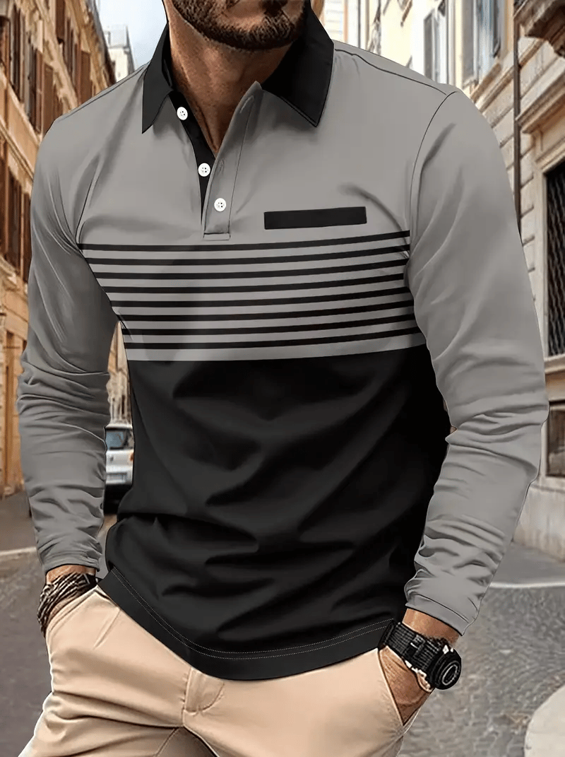 Men's Business Casual Striped Long-Sleeved Polo Shirt