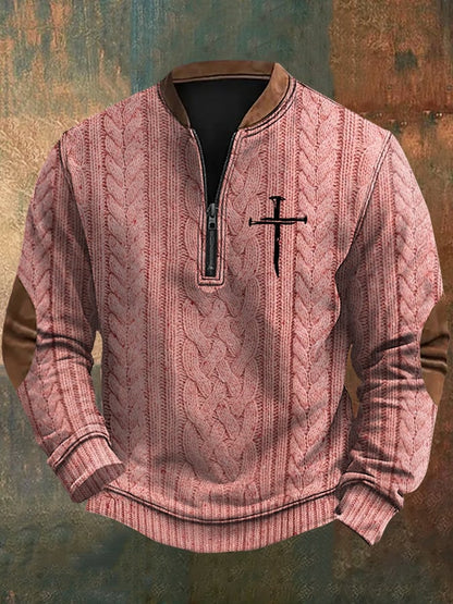 Men's Faith Cross Print Zipper Neck Knit Sweatshirt
